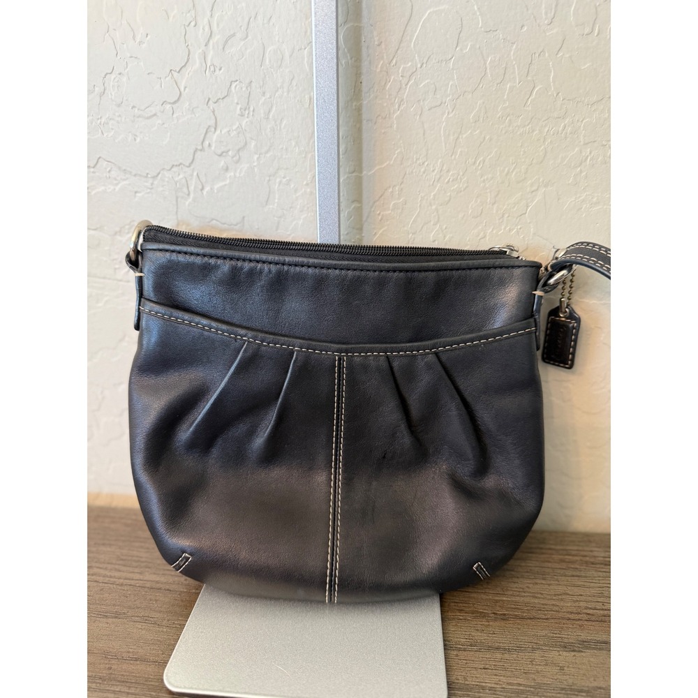 Coach Ergo Black Leather Pleated Crossbody Bag White Stitching